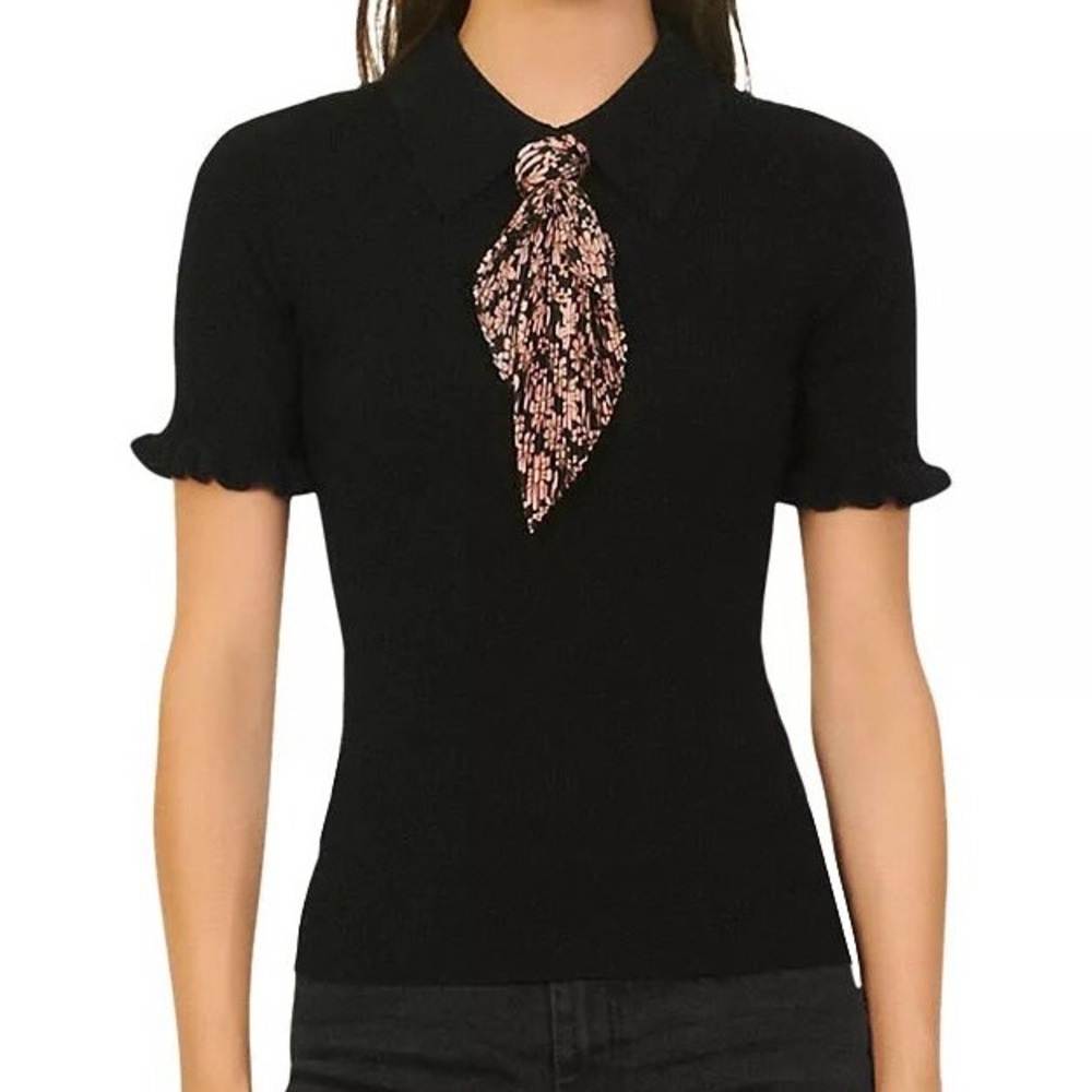 Sandro Black Blouse with Pink Scarf Detail